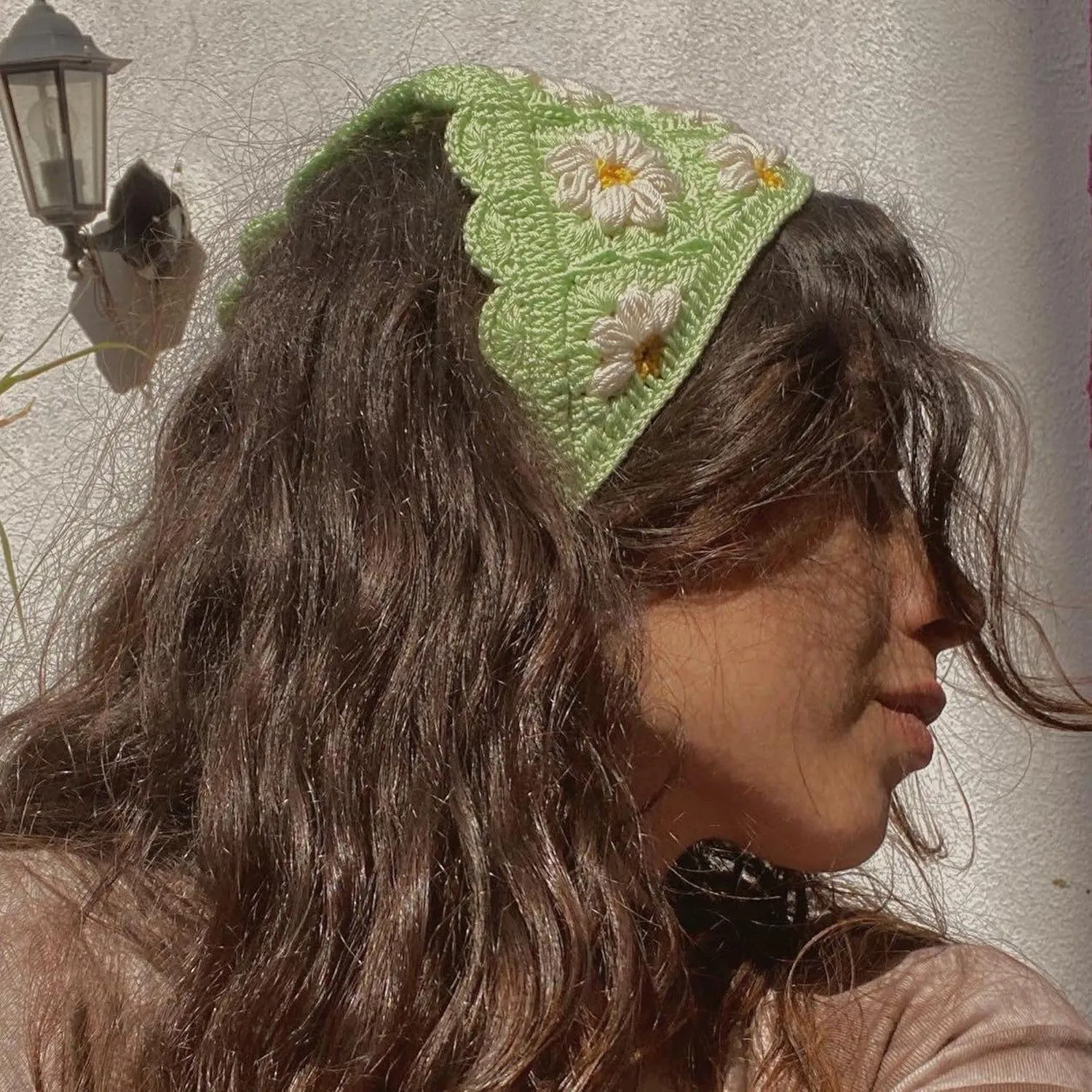 Crochet Hair Bandana Head Kerchief Daisy Knitted Hair Scarf Headband Headwrap for Women Y2k Aesthetic Accessories