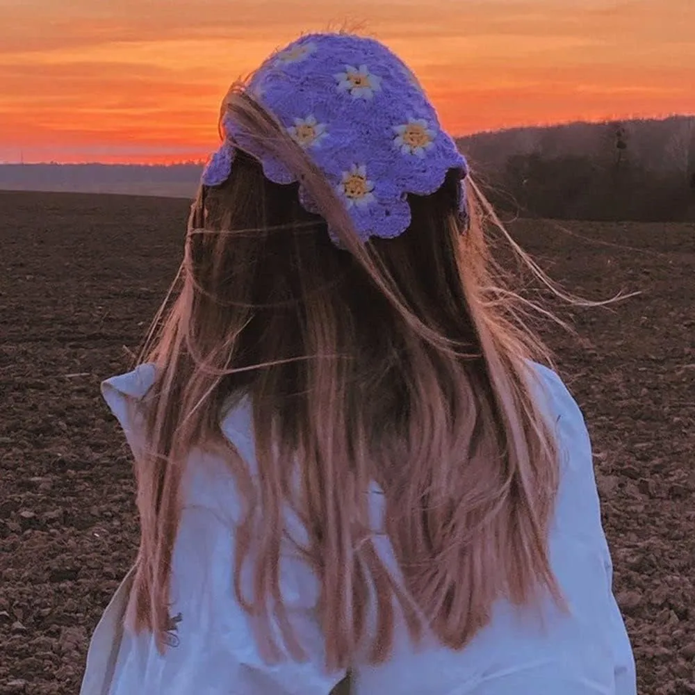 Crochet Hair Bandana Head Kerchief Daisy Knitted Hair Scarf Headband Headwrap for Women Y2k Aesthetic Accessories