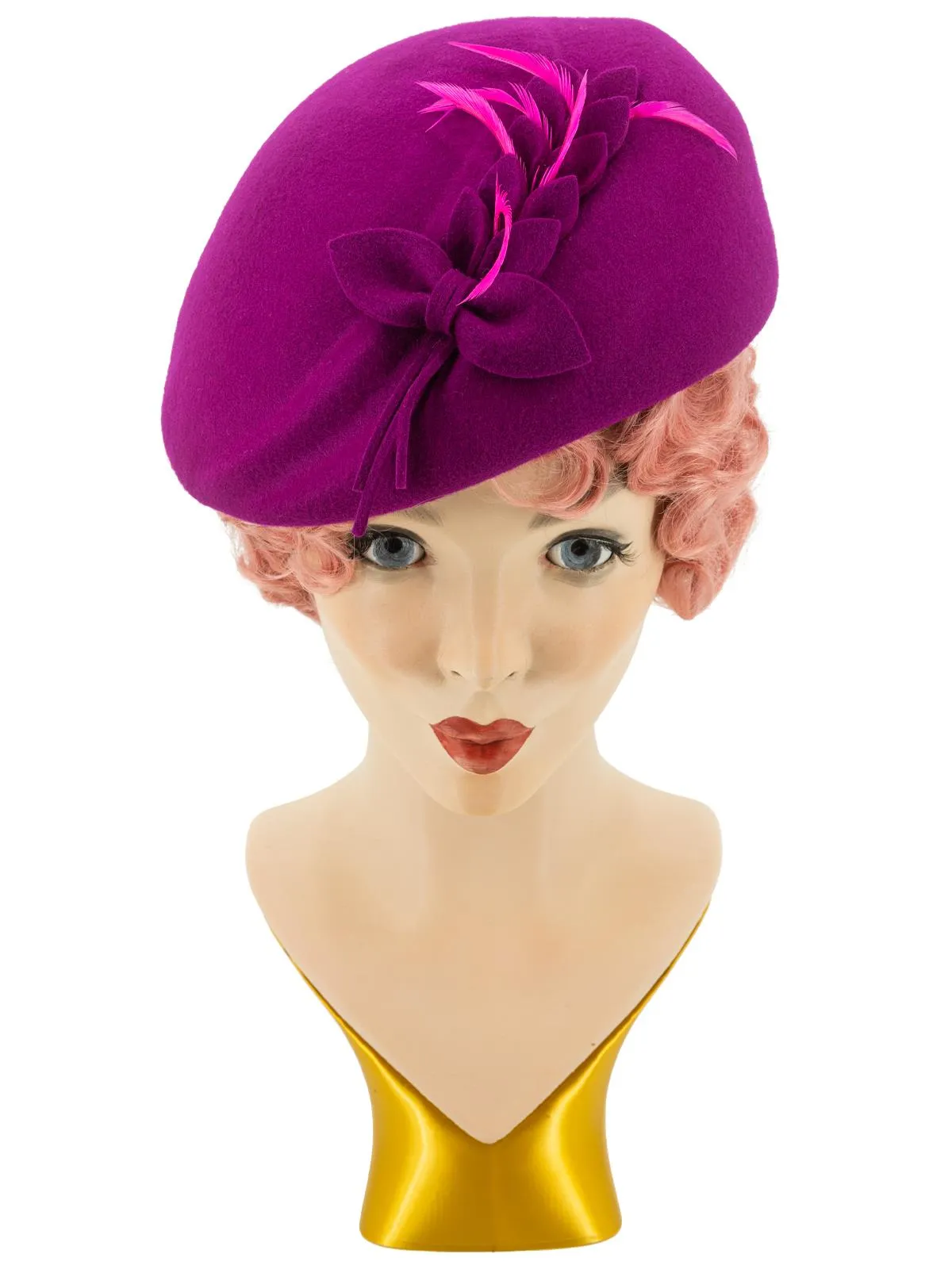 Fuchsia Pink Vintage Style Felt Petal & Feather Hat