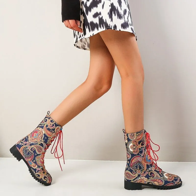 Funki Buys | Boots | Women's Flower Print Lace Up Calf Boots