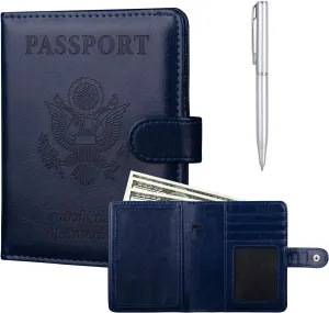 GOAUS Passport Holder with Money Pocket and Card Slots, Men Women Passport Wallet, RFID Blocking Passport Cover, Passport Book Case Dark Blue