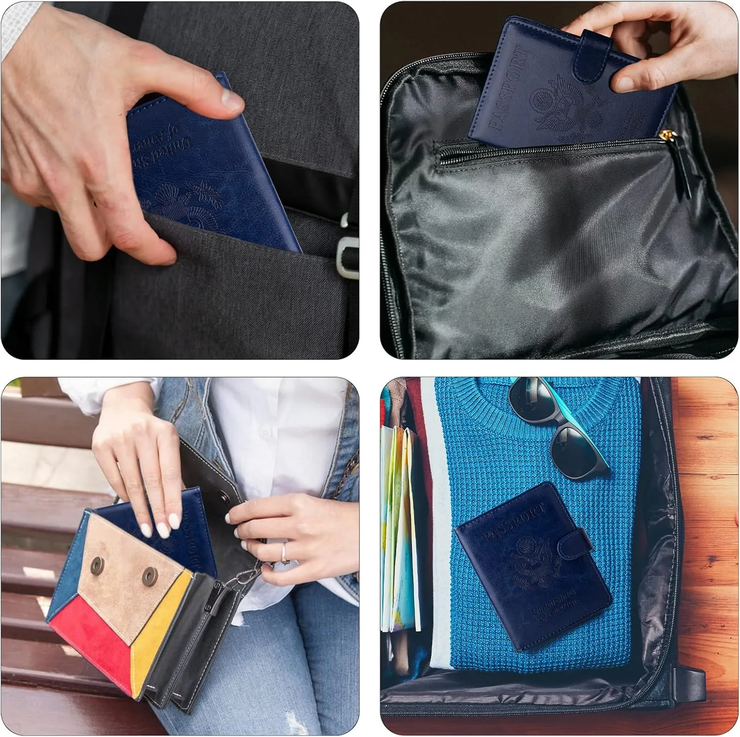 GOAUS Passport Holder with Money Pocket and Card Slots, Men Women Passport Wallet, RFID Blocking Passport Cover, Passport Book Case Dark Blue