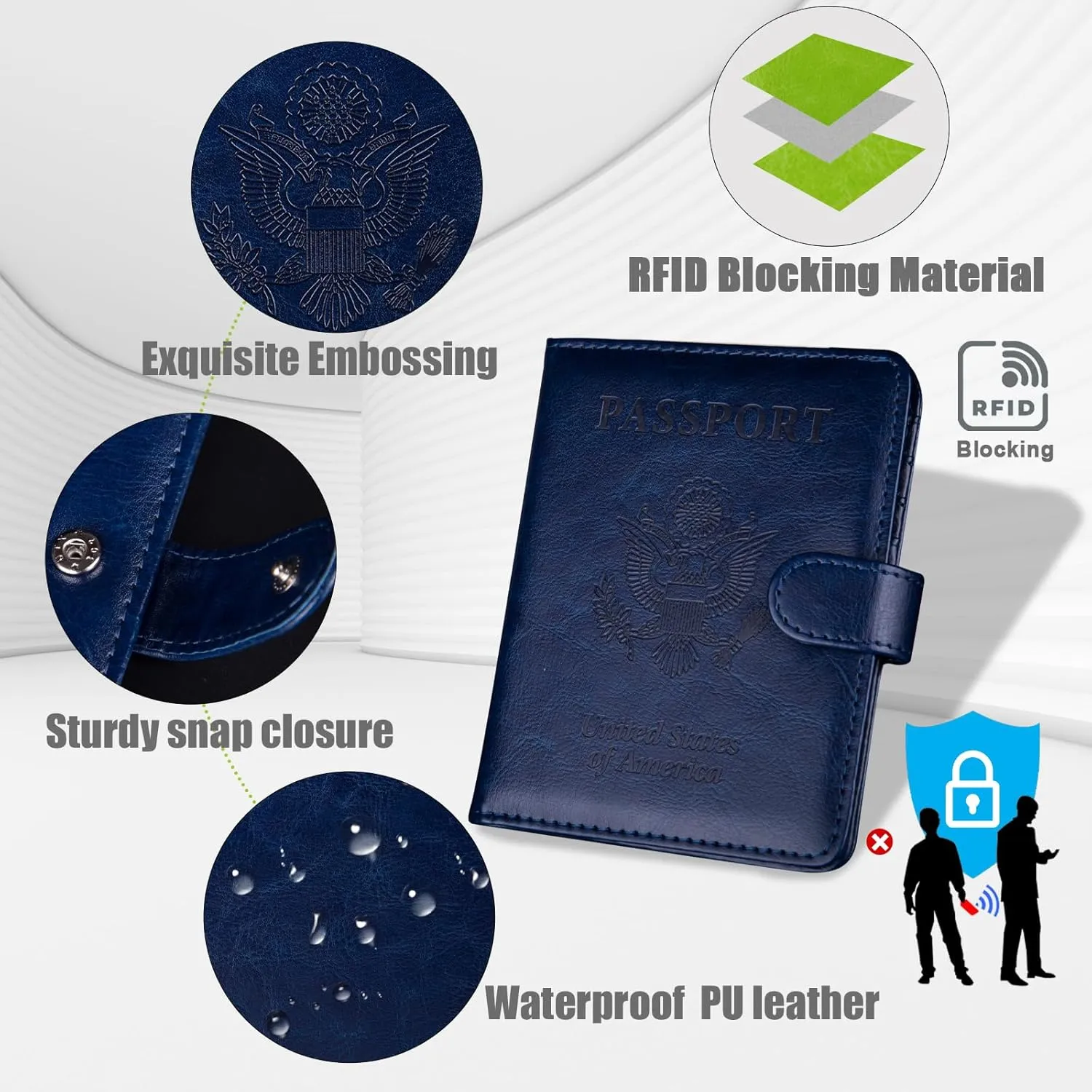 GOAUS Passport Holder with Money Pocket and Card Slots, Men Women Passport Wallet, RFID Blocking Passport Cover, Passport Book Case Dark Blue