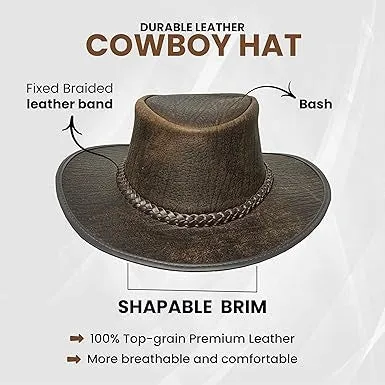 Lesa Collection Genuine Leather Western Hat for Men – Stylish Cowgirl Hat for Women with Braided Leather Band