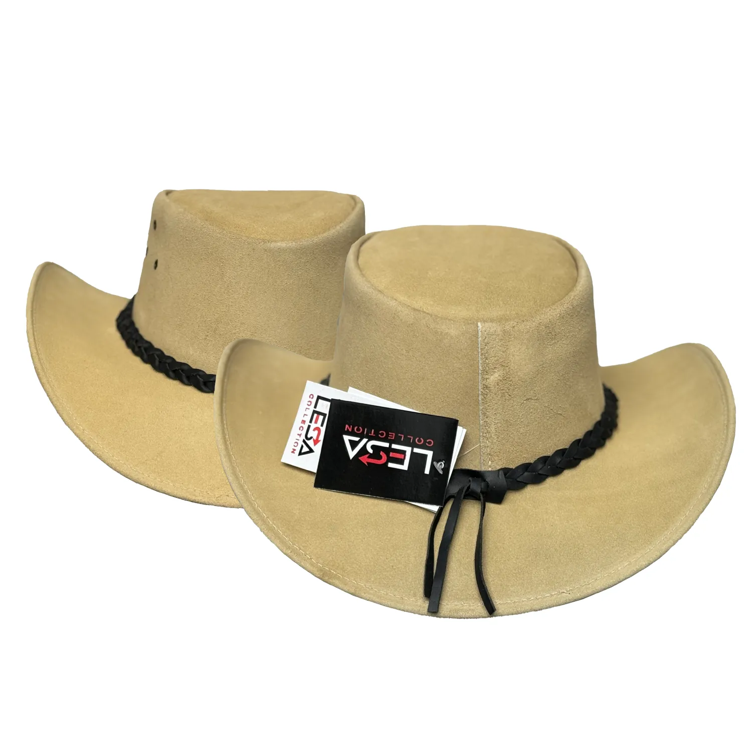 Lesa Collection Tan Suede Buttermere Leather Cowboy Hat for Women with Black Braided Band – Stylish Men's Western Hat with Ventilation Eyelets