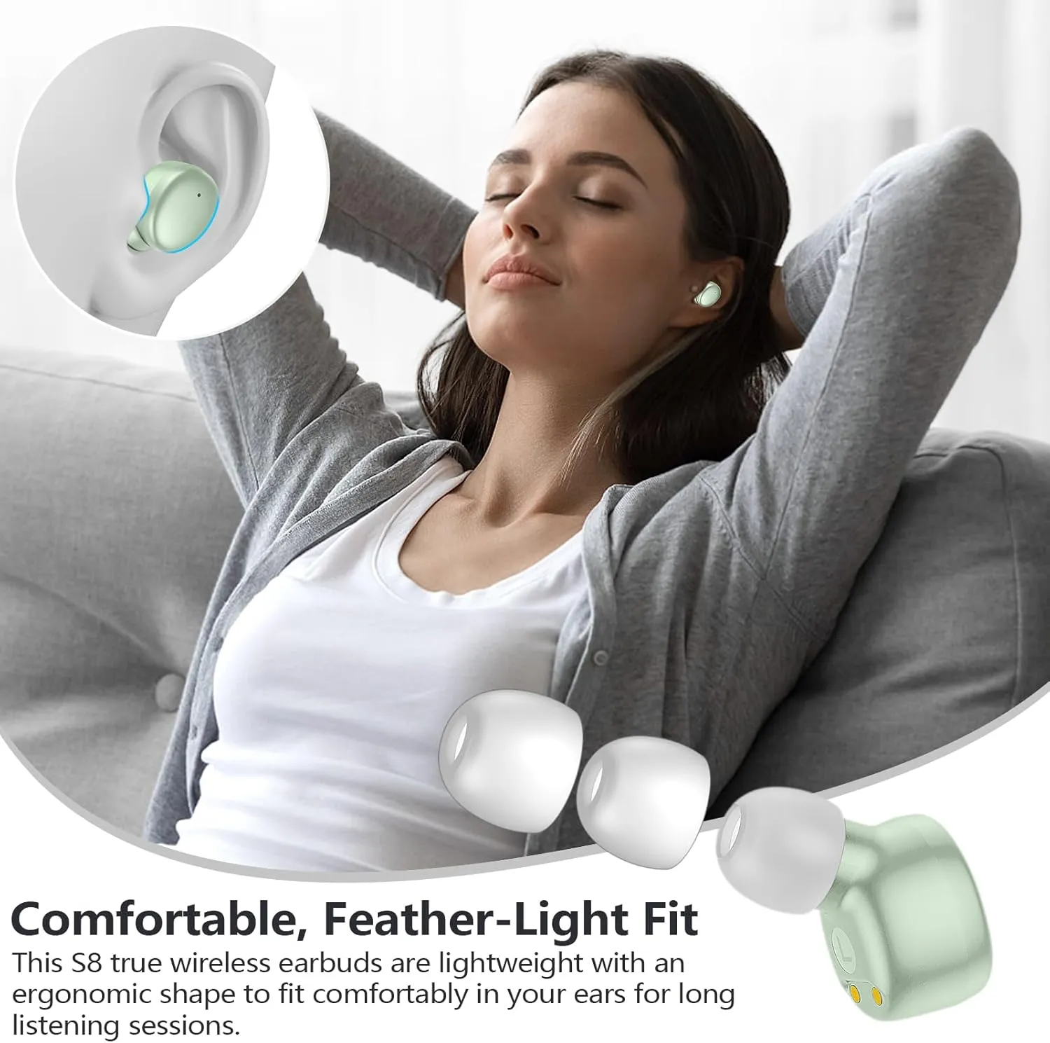 MOZOTER S8 Mini Wireless Earbuds Bluetooth 5.3 in Ear Light-Weight Headphones,60Hrs Playtime Ear Buds with Charging Case,Built-in Microphone Headset,Premium Sound with Deep Bass for Sport-Green
