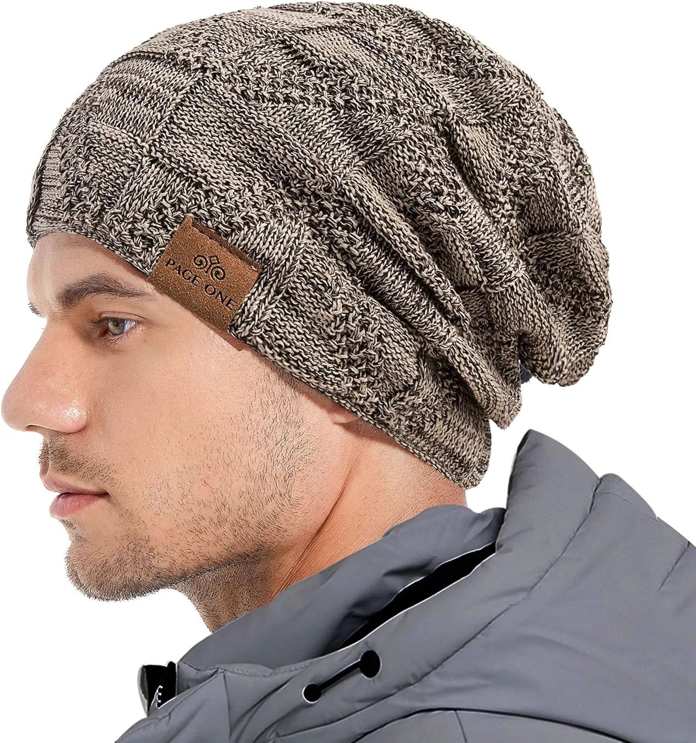 PAGE ONE Mens Winter Slouchy Beanie Warm Fleece Lined Skull Cap Baggy Cable Knit Hat