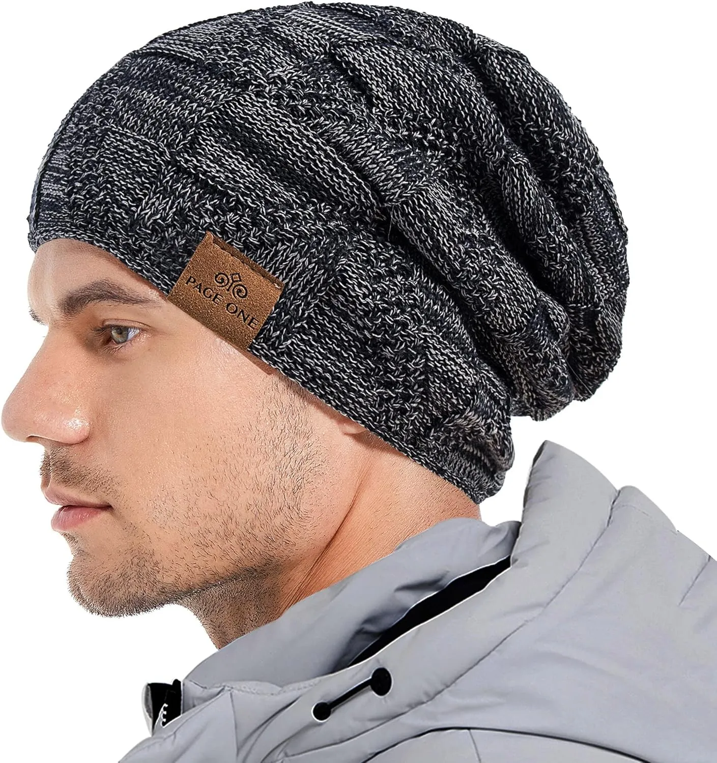 PAGE ONE Mens Winter Slouchy Beanie Warm Fleece Lined Skull Cap Baggy Cable Knit Hat