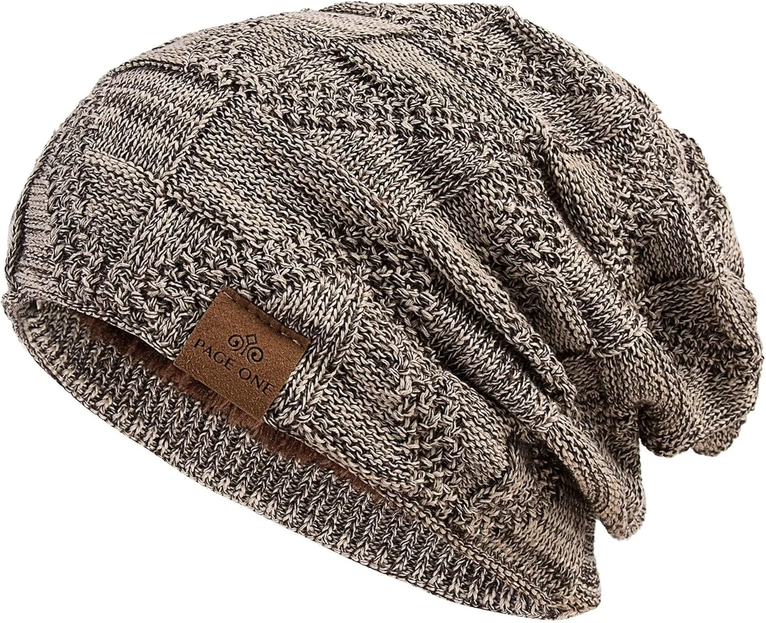 PAGE ONE Mens Winter Slouchy Beanie Warm Fleece Lined Skull Cap Baggy Cable Knit Hat