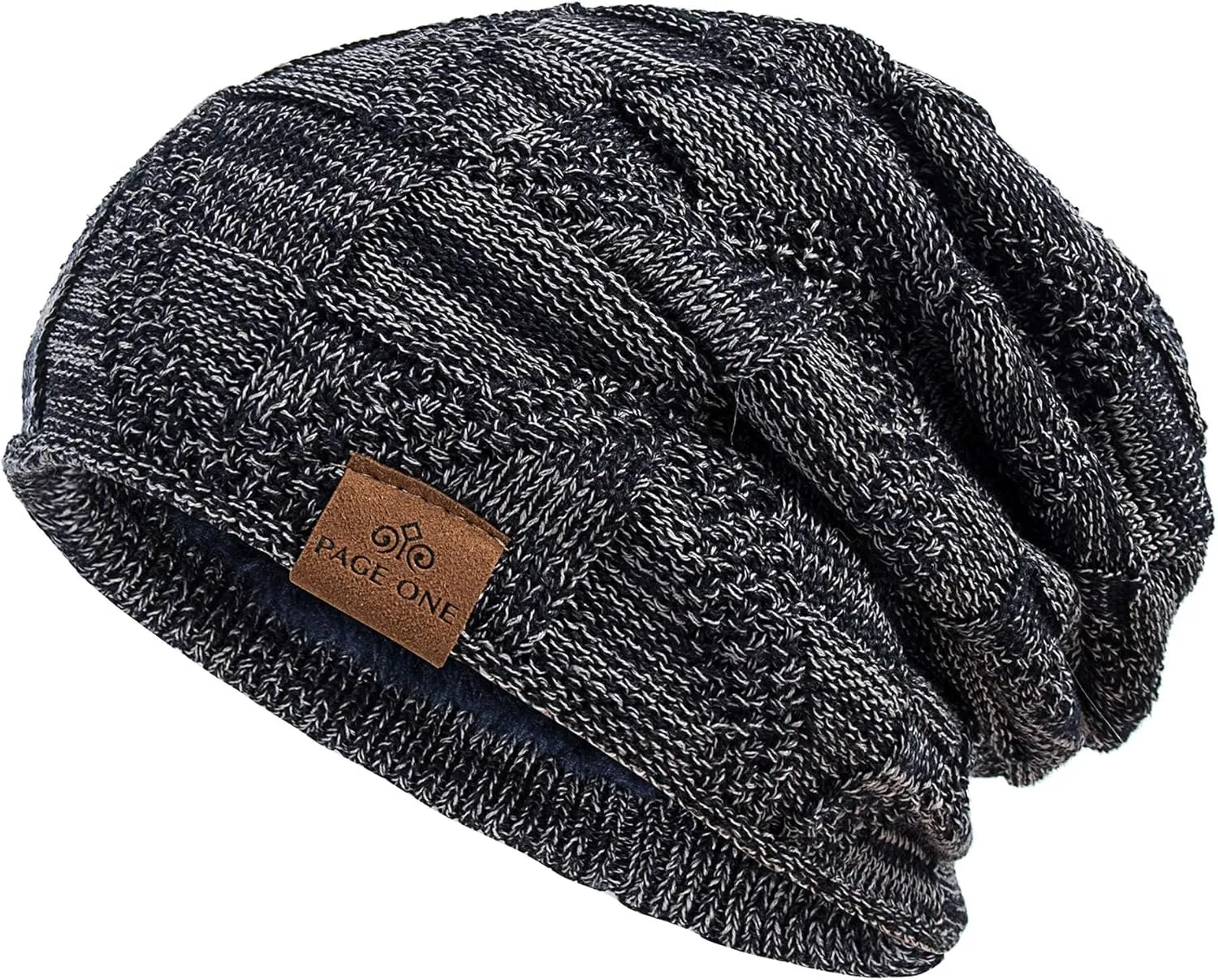 PAGE ONE Mens Winter Slouchy Beanie Warm Fleece Lined Skull Cap Baggy Cable Knit Hat