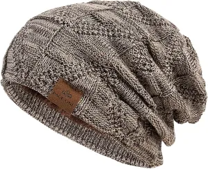 PAGE ONE Mens Winter Slouchy Beanie Warm Fleece Lined Skull Cap Baggy Cable Knit Hat