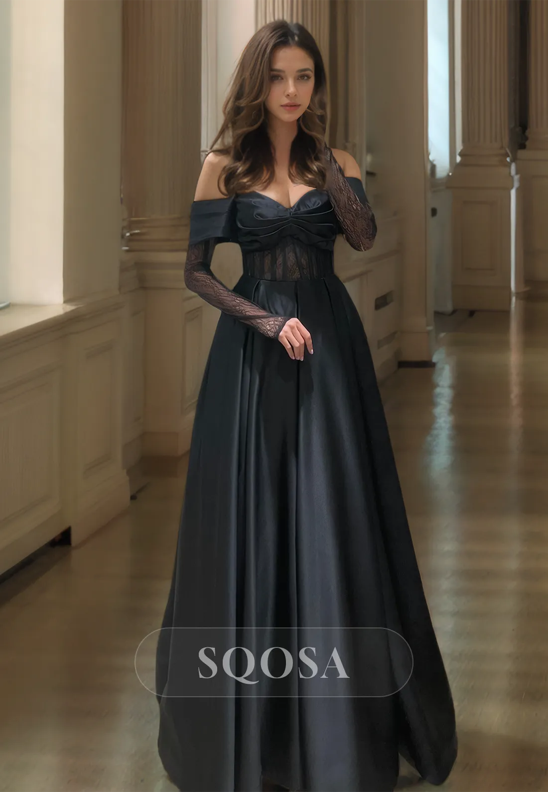 Pleated Sweetheart Off-Shoulder Satin Formal Gowns Floor-Length A-Line Prom Dress with Lace Gloves