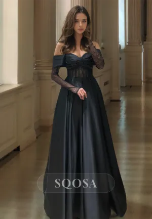 Pleated Sweetheart Off-Shoulder Satin Formal Gowns Floor-Length A-Line Prom Dress with Lace Gloves