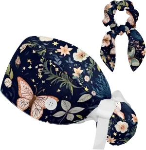 Scrub Caps Women, Adjustable Surgical Caps with Ponytail Pouch Working Cap Hair Scrunchy, Floral Vintage Butterfly Wildflower