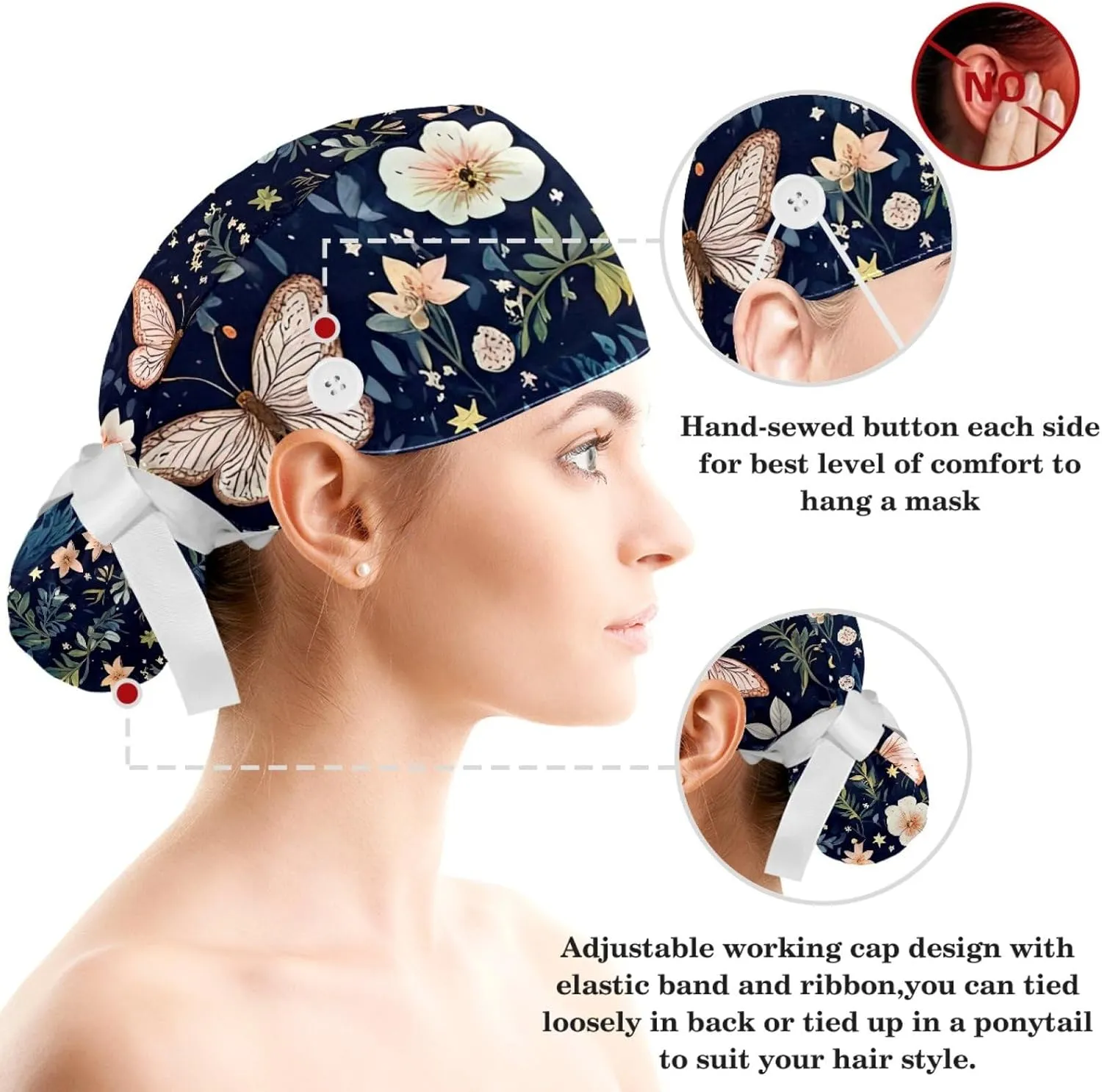 Scrub Caps Women, Adjustable Surgical Caps with Ponytail Pouch Working Cap Hair Scrunchy, Floral Vintage Butterfly Wildflower