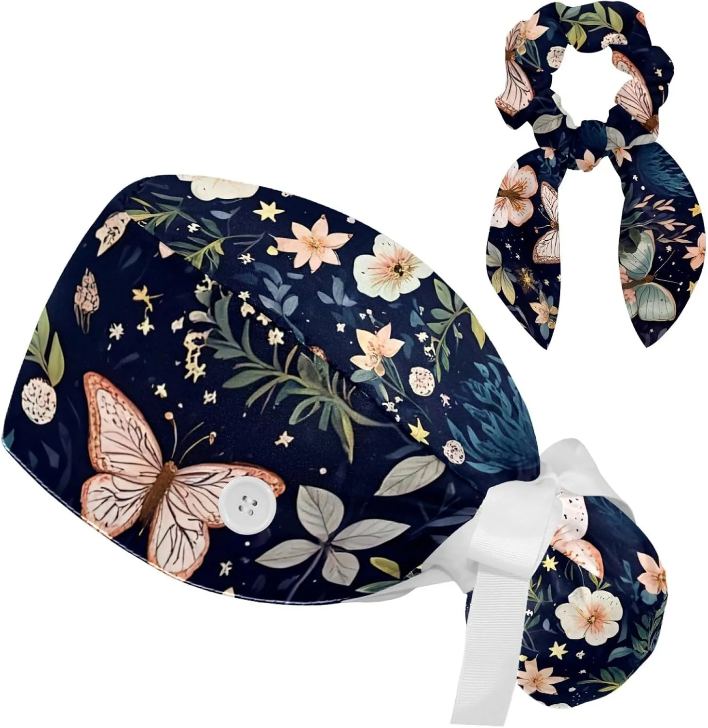 Scrub Caps Women, Adjustable Surgical Caps with Ponytail Pouch Working Cap Hair Scrunchy, Floral Vintage Butterfly Wildflower