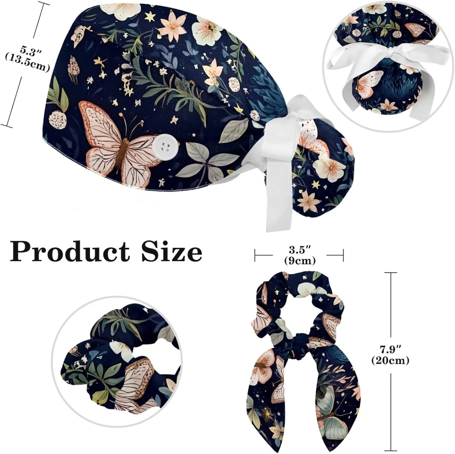 Scrub Caps Women, Adjustable Surgical Caps with Ponytail Pouch Working Cap Hair Scrunchy, Floral Vintage Butterfly Wildflower