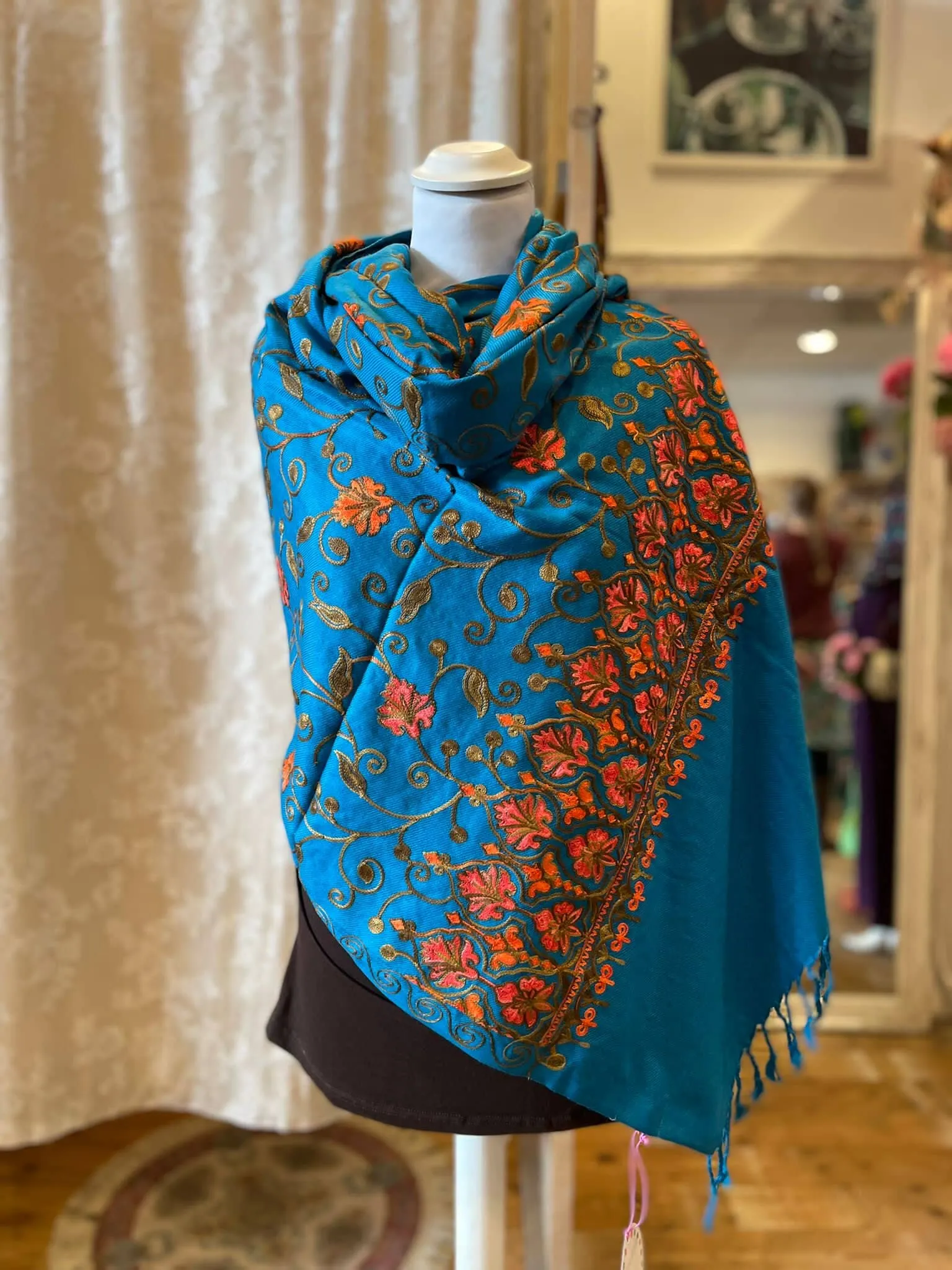Shanila embroidery handmade scarf- blue garden