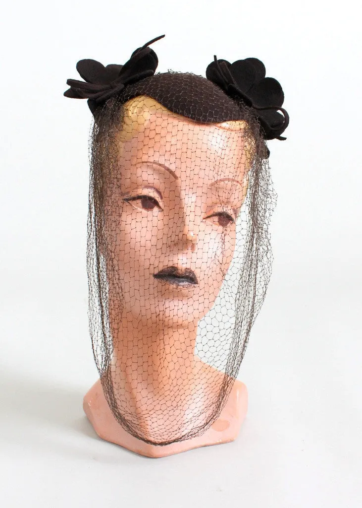 Vintage Late 1930s Brown Felt Veiled Hat