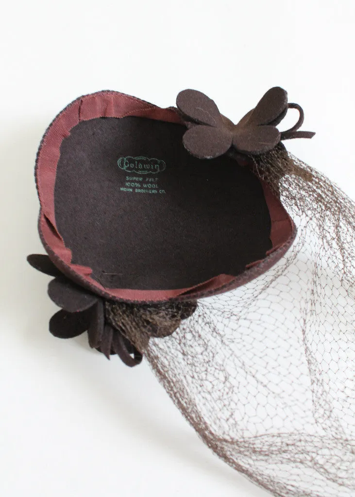 Vintage Late 1930s Brown Felt Veiled Hat