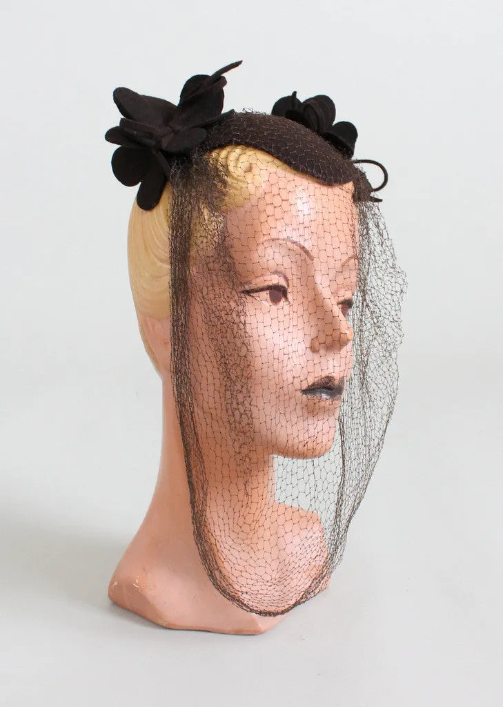 Vintage Late 1930s Brown Felt Veiled Hat