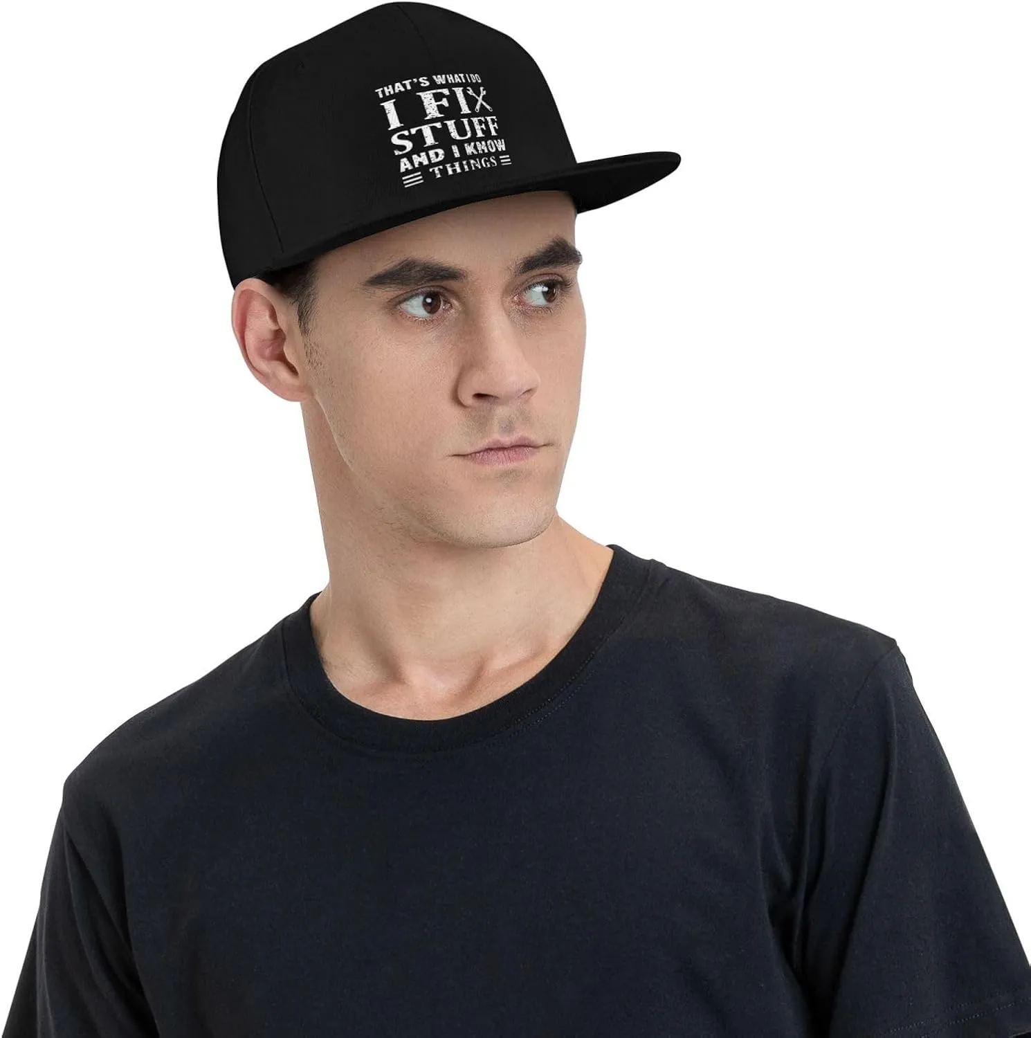 Vintage That's What I Do I Fix Stuff and I Know Things Flat Brim Baseball Cap,Classic Snapback Hat for Men,Black