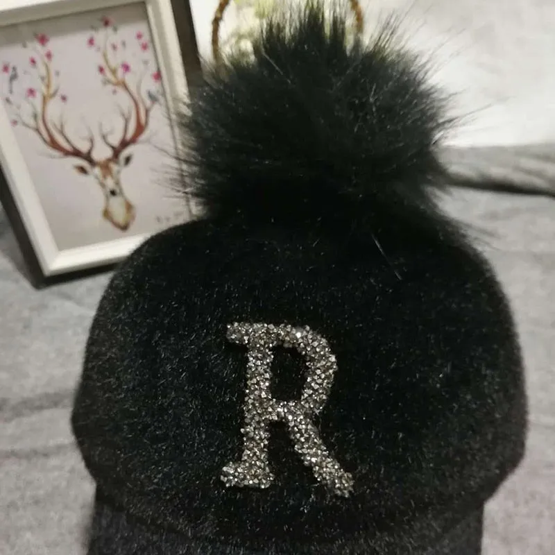 Winter Baseball Cap Women Rhinestone Letter Pompom Hip Hop Caps