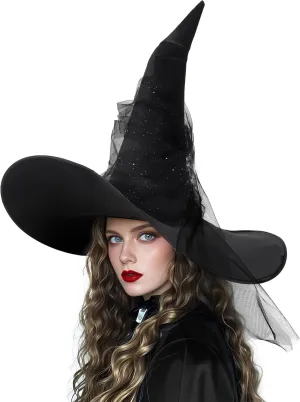 Women's Black Ruched Witch Hat Oversized Witches Hats Wide Brim masquerade Party Accessory