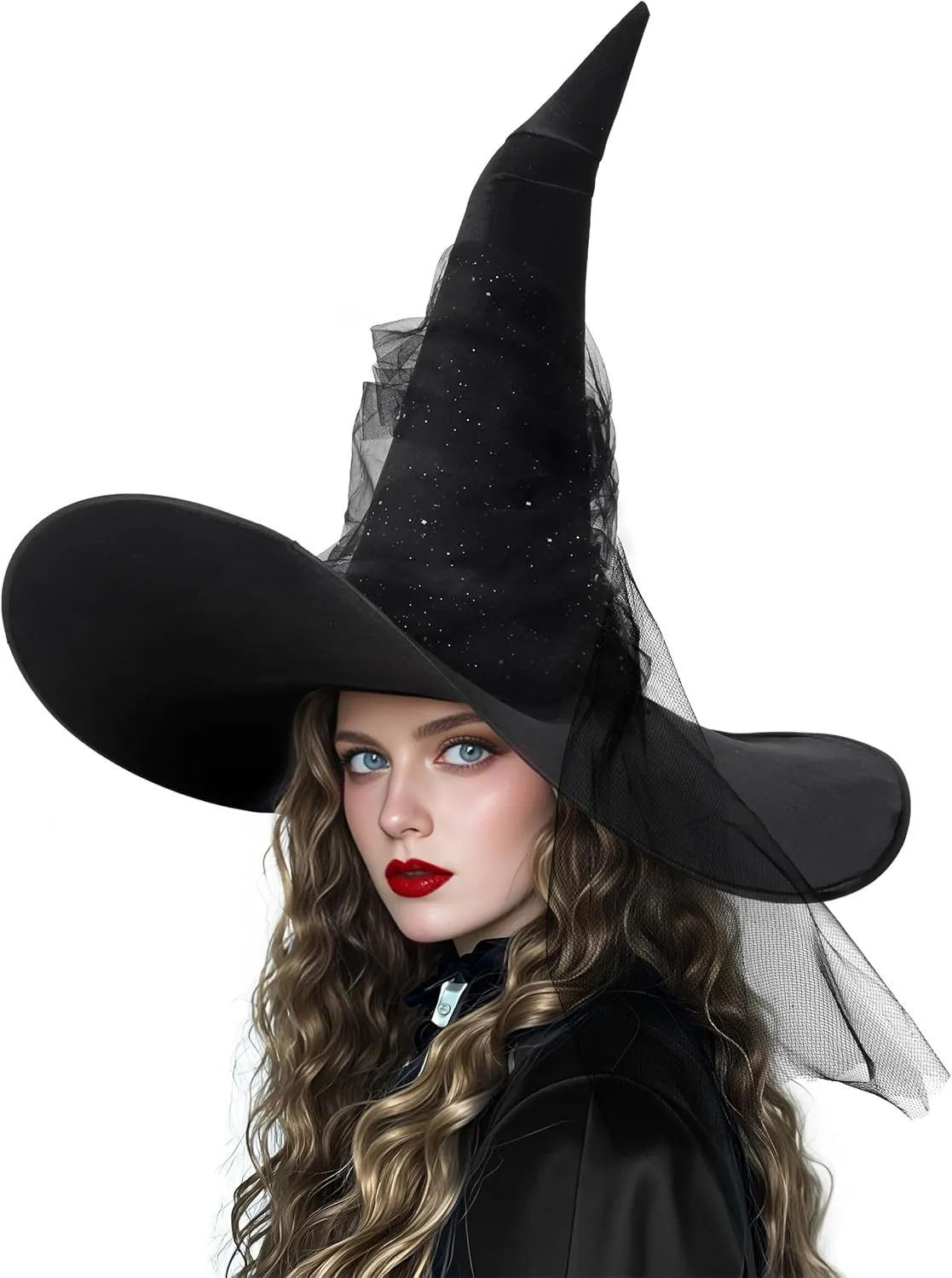 Women's Black Ruched Witch Hat Oversized Witches Hats Wide Brim masquerade Party Accessory