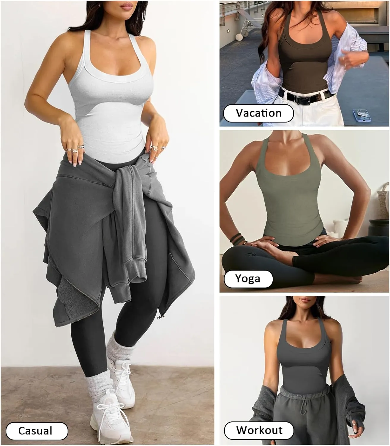 Womens Halter Top Deep Scoop Neck Low Cut Racerback Tank Top for Women Workout Ribbed Knit Fitted Sleeveless Cami Shirt