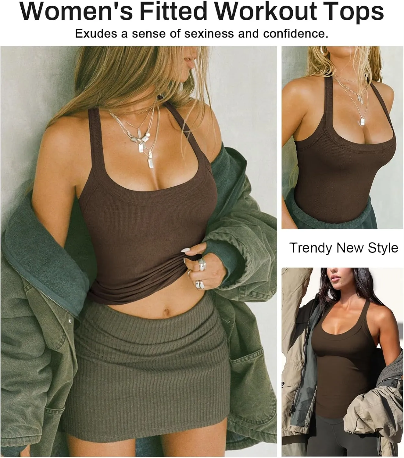 Womens Halter Top Deep Scoop Neck Low Cut Racerback Tank Top for Women Workout Ribbed Knit Fitted Sleeveless Cami Shirt