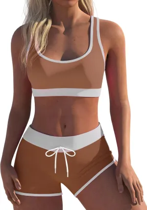 Womens Sport Two Piece Swimsuits Racerback Tops Boyshort Bottom