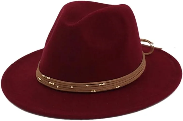 Women's Vintage Wide Brim Jazz Fedora Hats Wide Brim Fedora Hat Panama Cap Party Wedding Church Caps Burgundy 59to60cm
